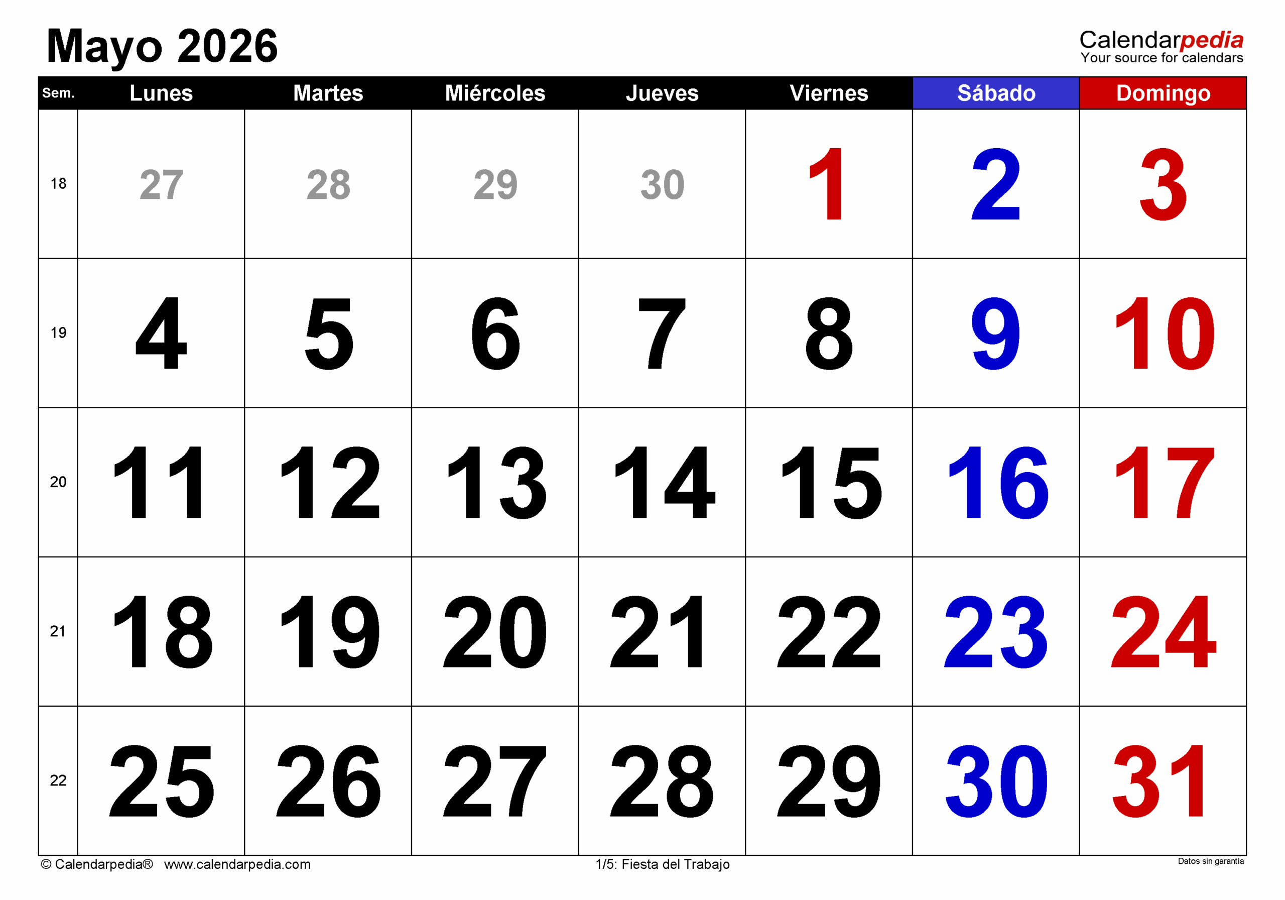 Calendario Mayo 2026 En PDF Excel Y Word Calendarpedia