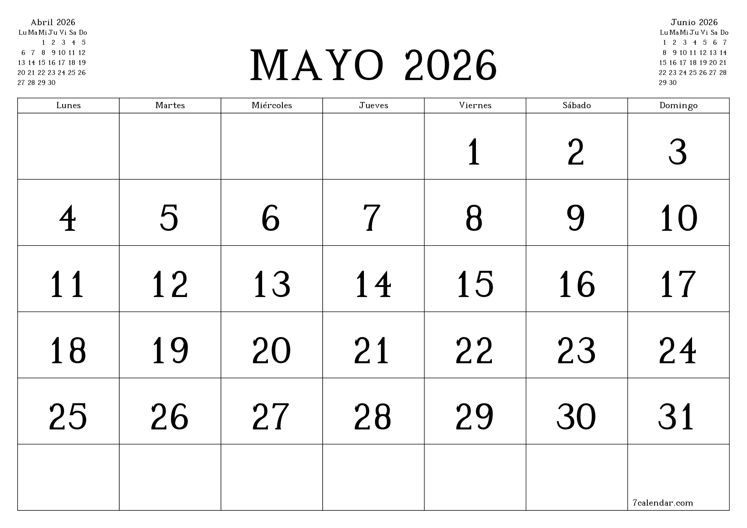 Calendarios Y Planificadores Imprimibles Mayo 2026 A4 A3 A PDF Y PNG 7calendar