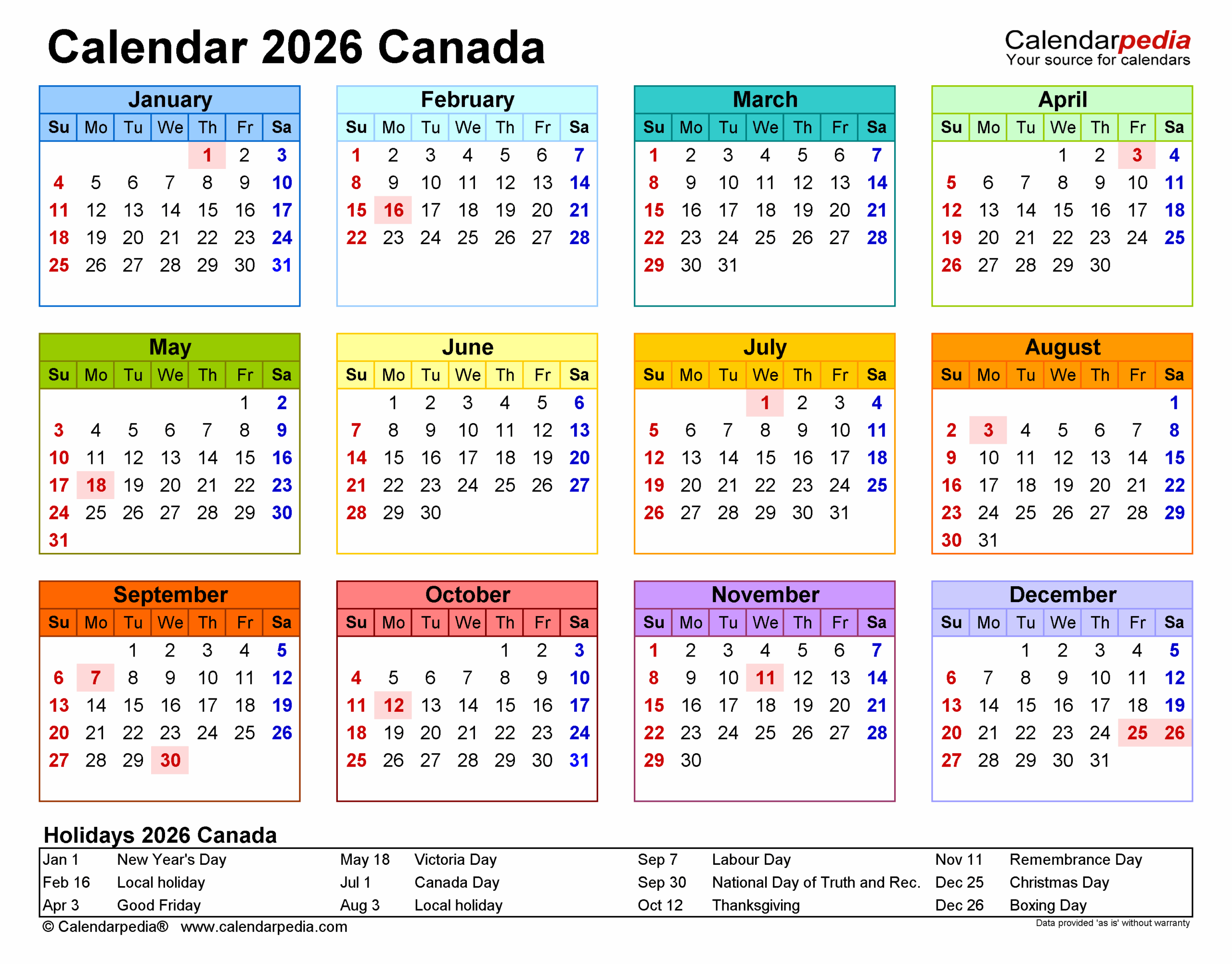 Canada Calendar 2026 Free Printable PDF Templates