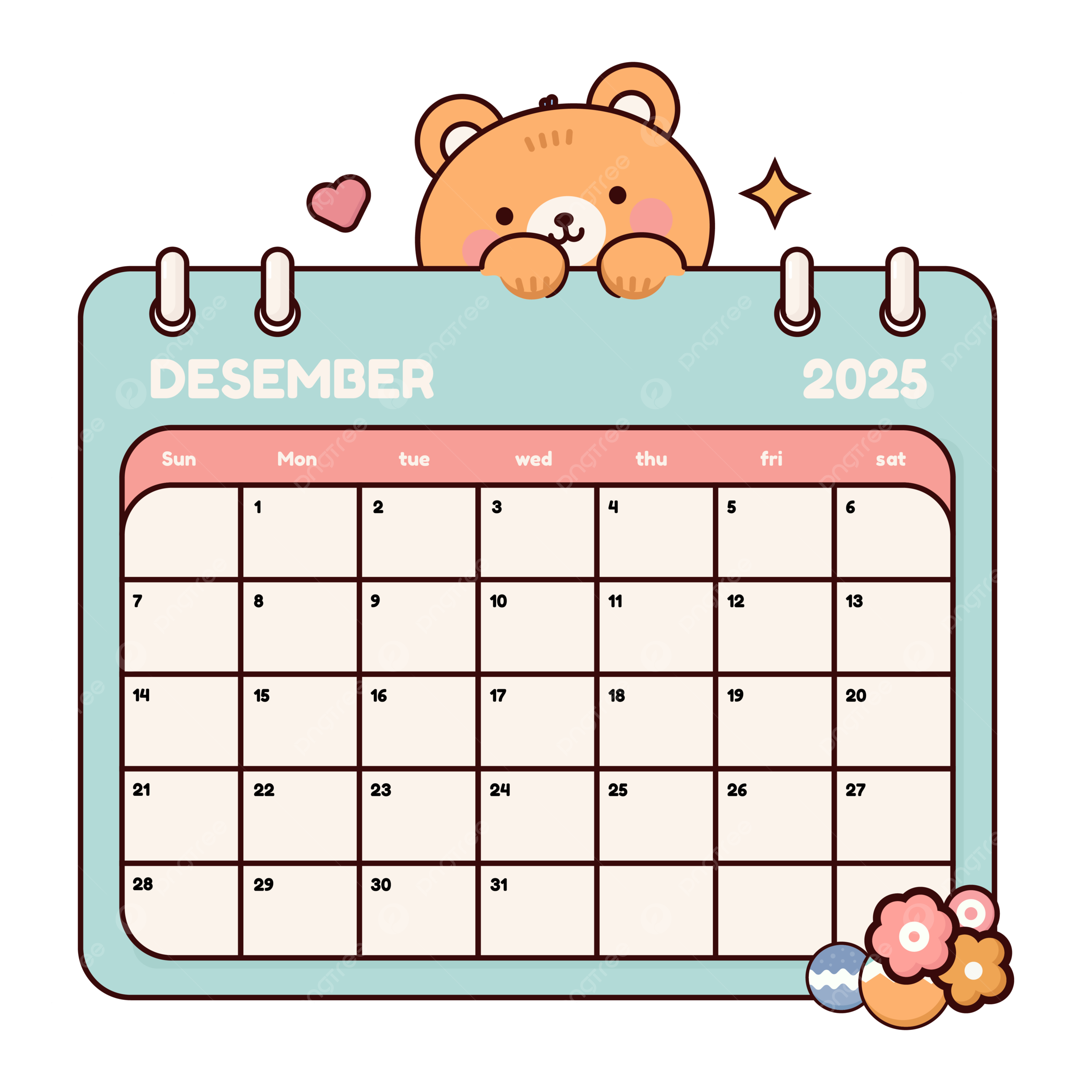 Cute Cartoon Calendar For December 2025 With A Kawaii Bear Vector 
