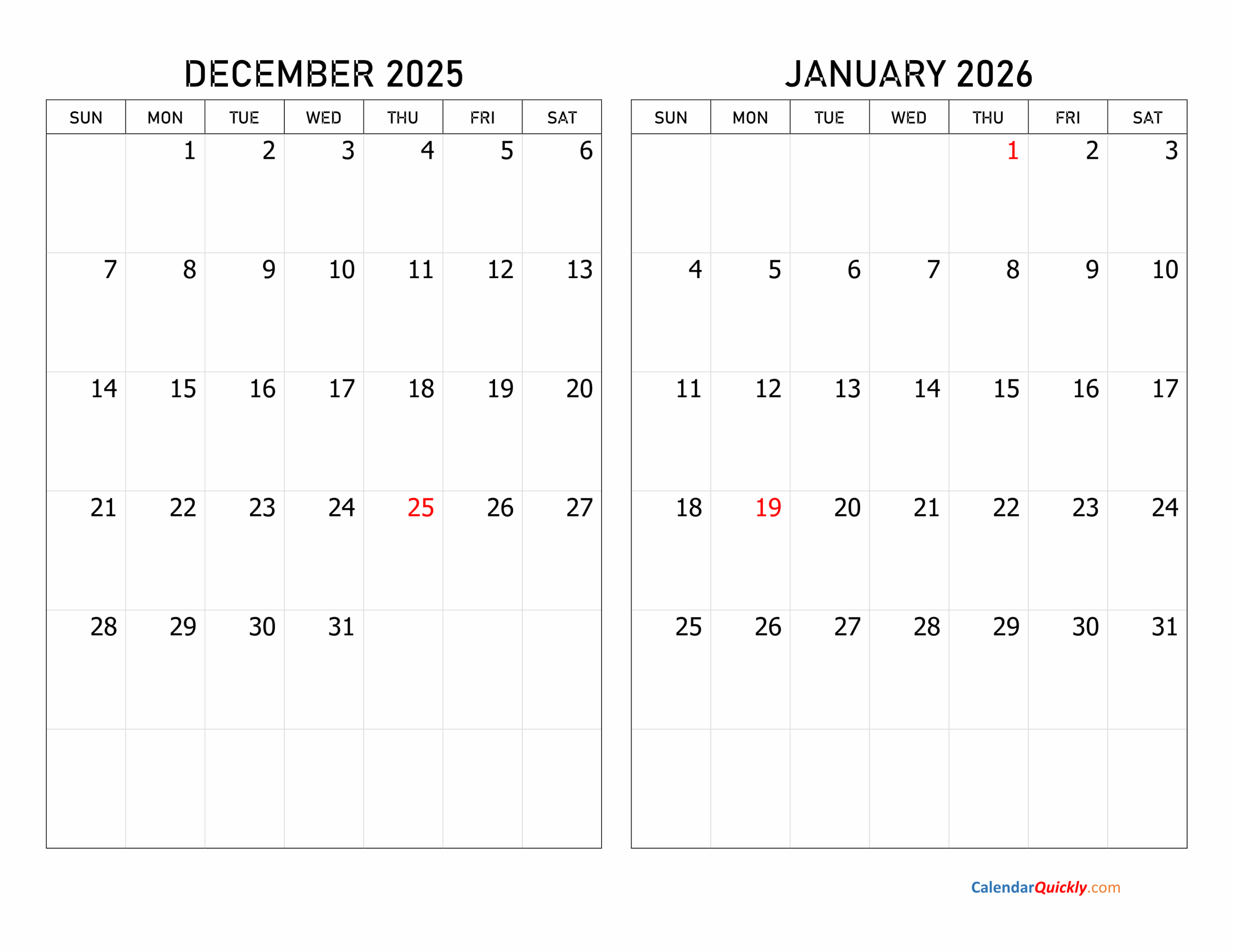 December 2025 And January 2026 Calendar Calendar Quickly
