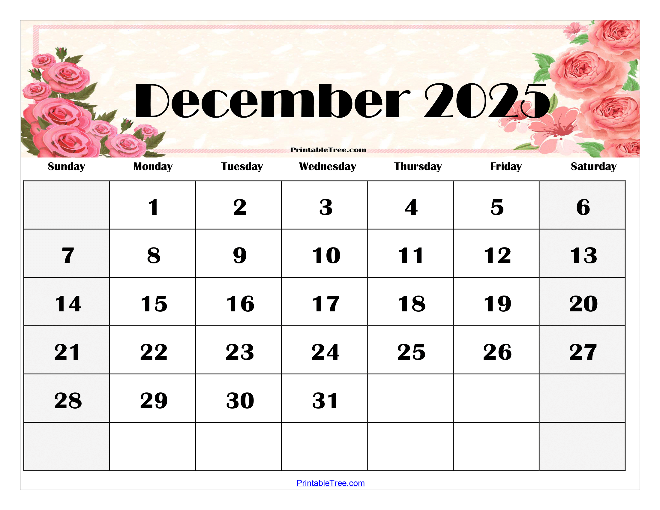 December 2025 Calendar Free Printable