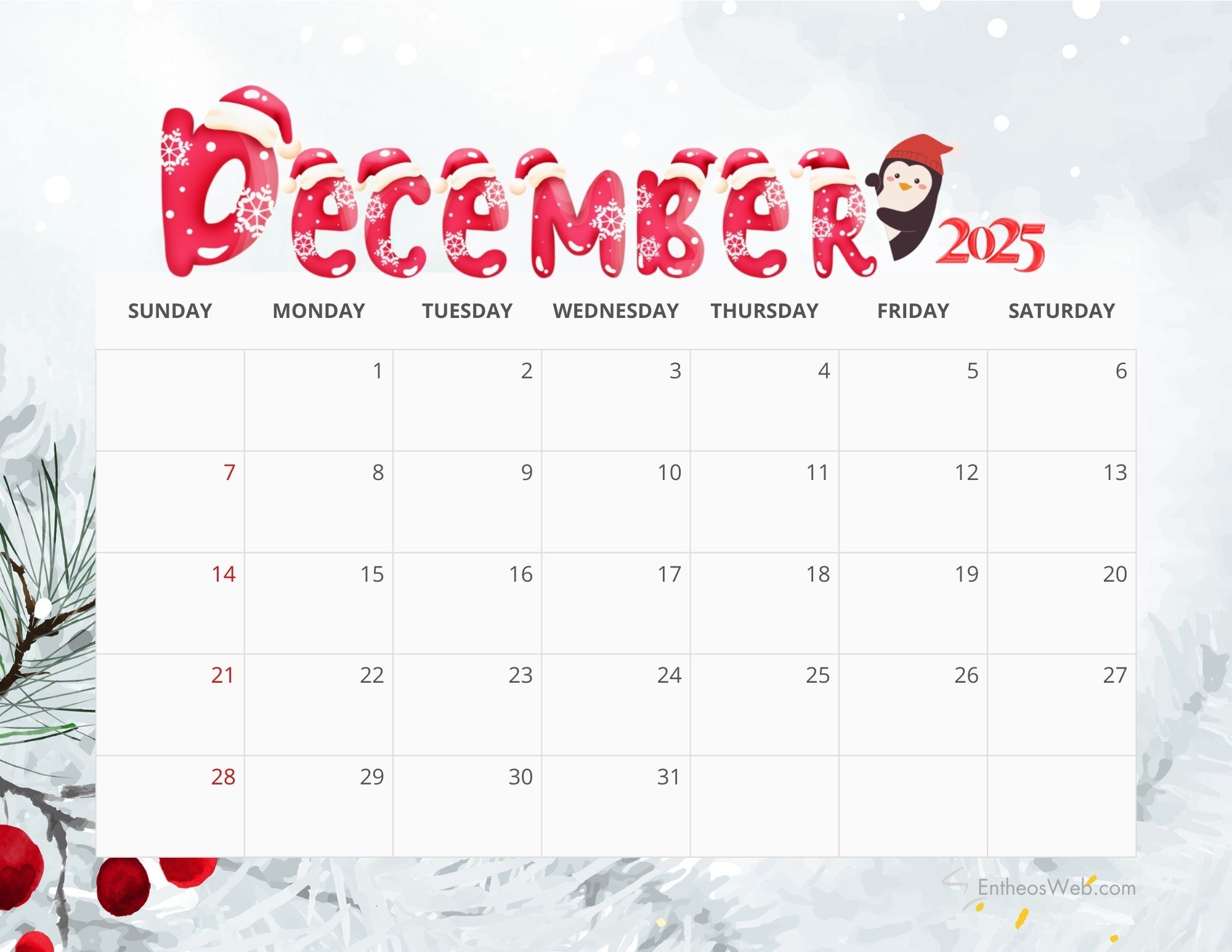 December 2025 Calendar Printables EntheosWeb