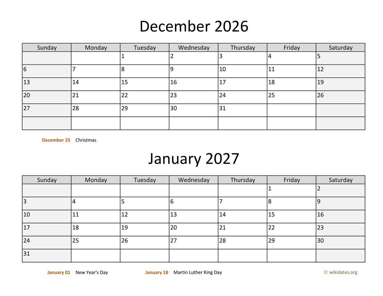 January 2026 To December 2026 Calendar