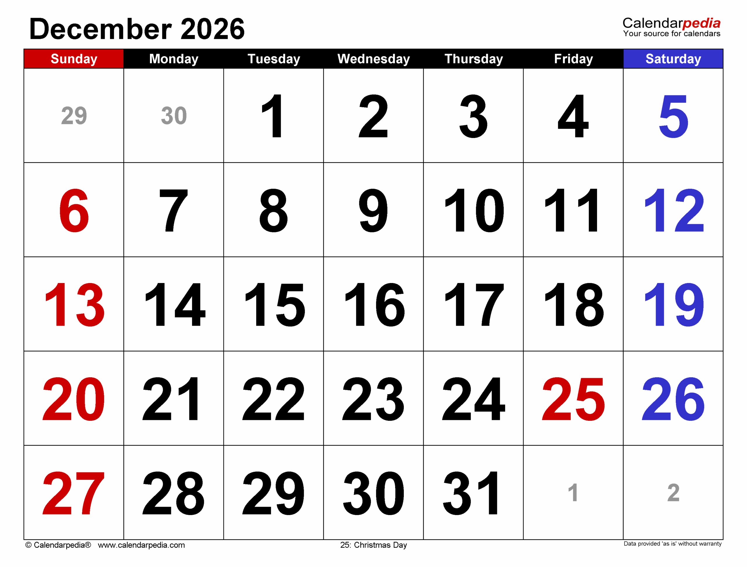 December 2026 January 2026 Calendar Excel