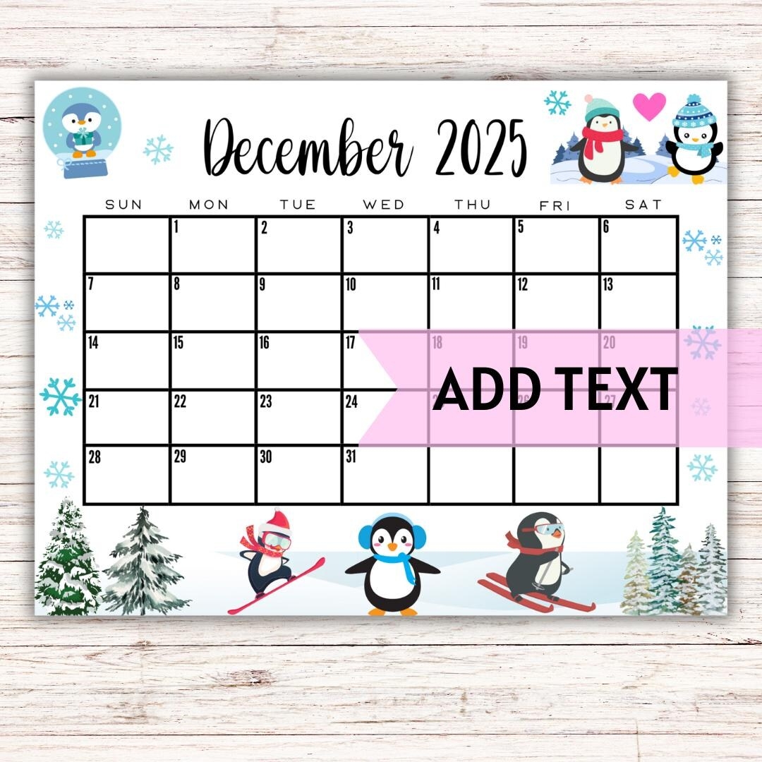 EDITABLE Printable December Calendar 2025 Cute Christmas 