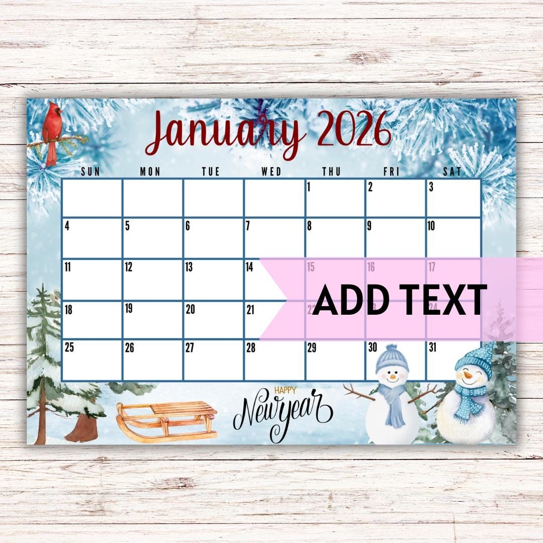 EDITABLE Printable January 2026 Calendar Beautiful Winter Scene New Year s Day Themed Calendar Holiday Calendar January Calendar Etsy Denmark