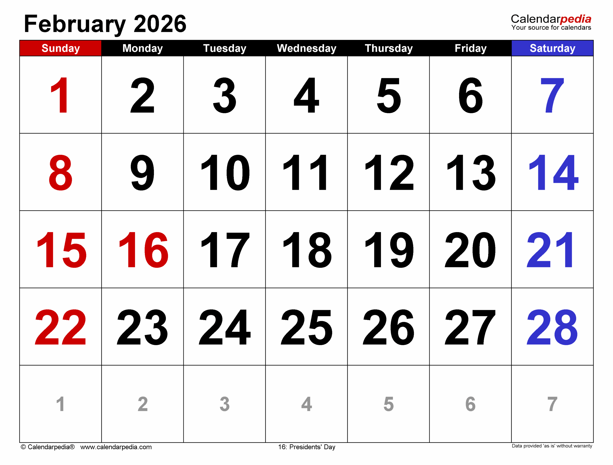 February 2026 Calendar Starting Monday