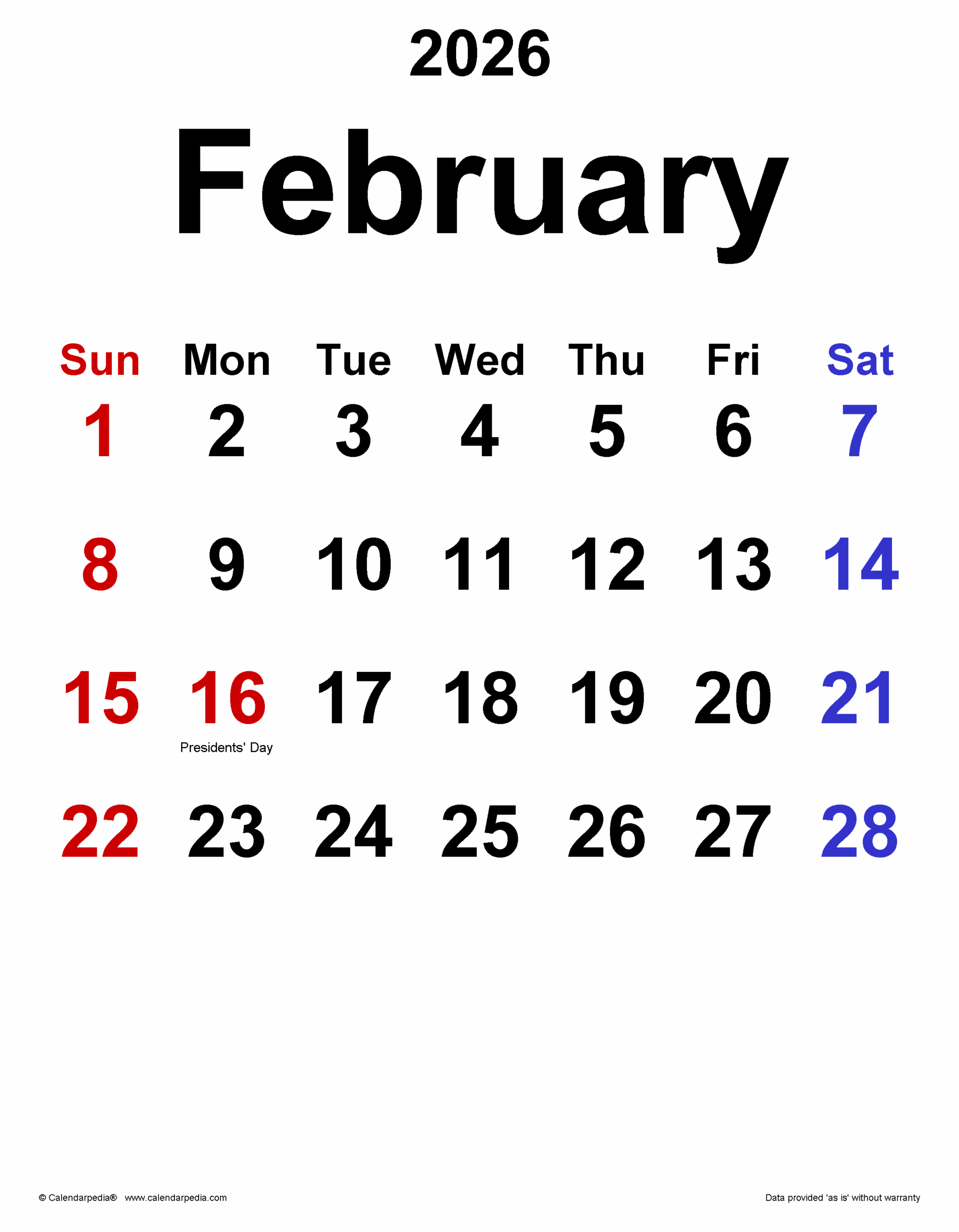 2026 Calendar February With Holidays