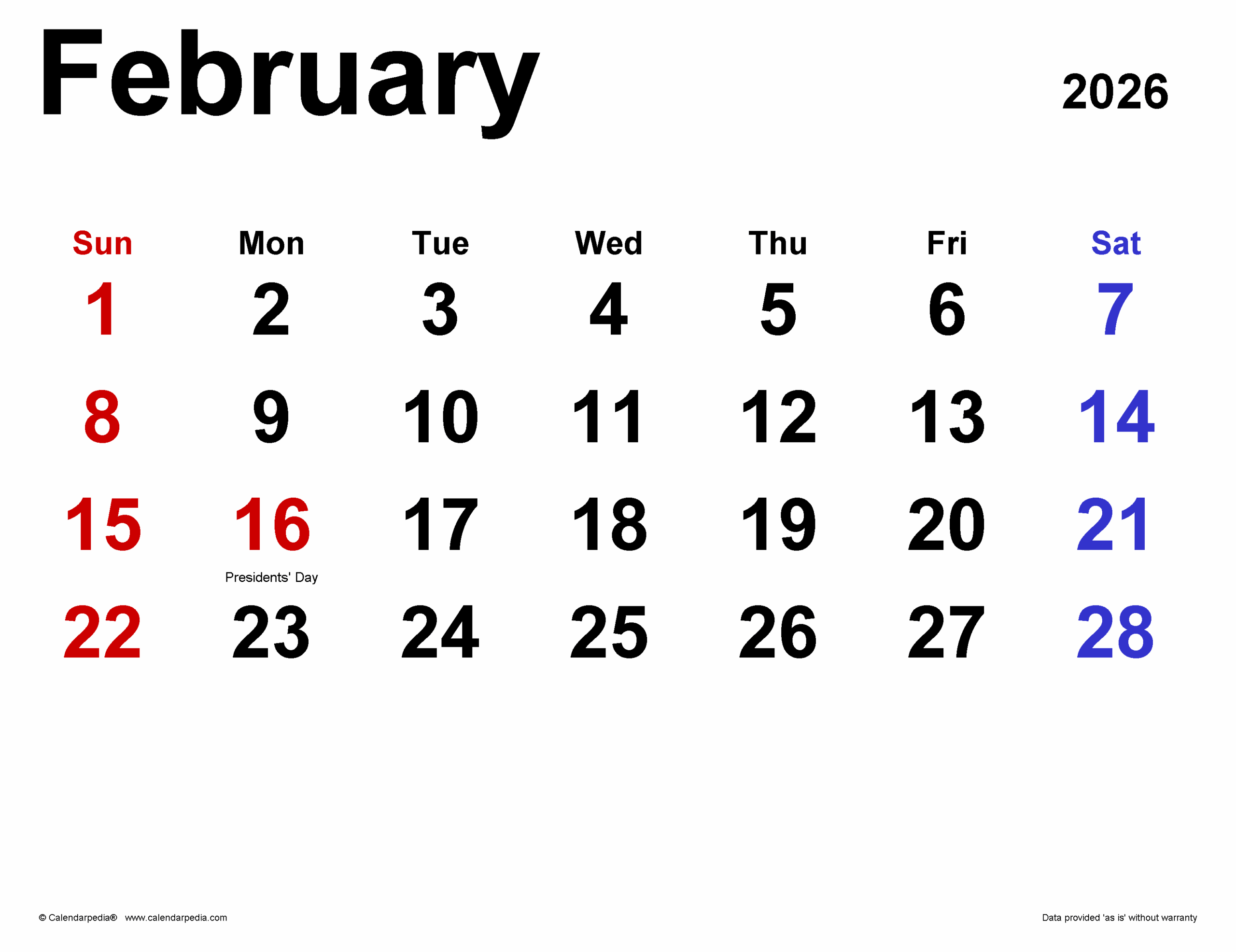 February 2026 Calendar Templates For PDF Excel And Word