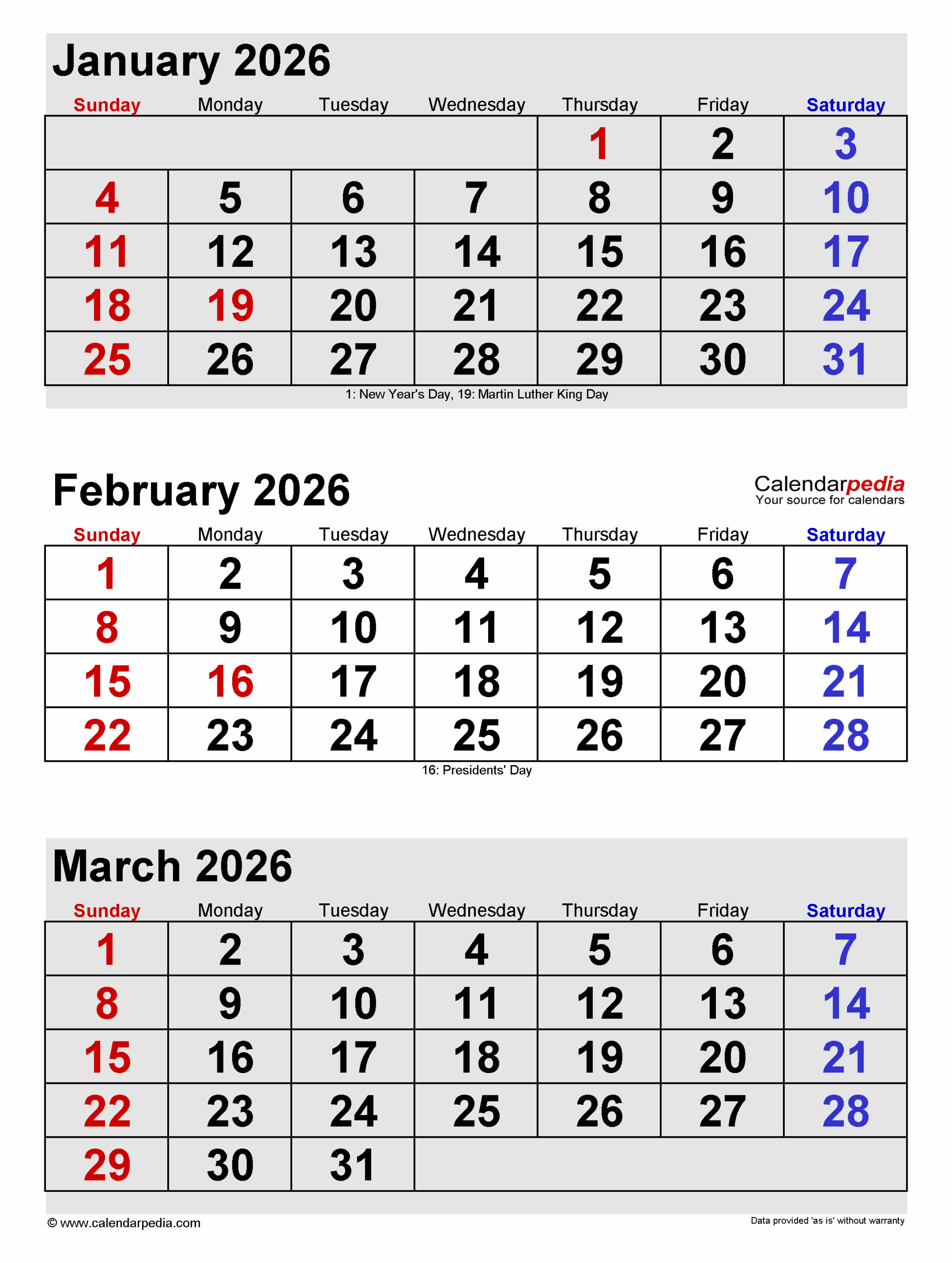 2026 Calendar January And February