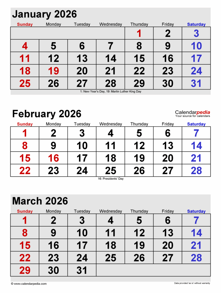 Jan Feb March 2026 Calendar Free Printable Calendar