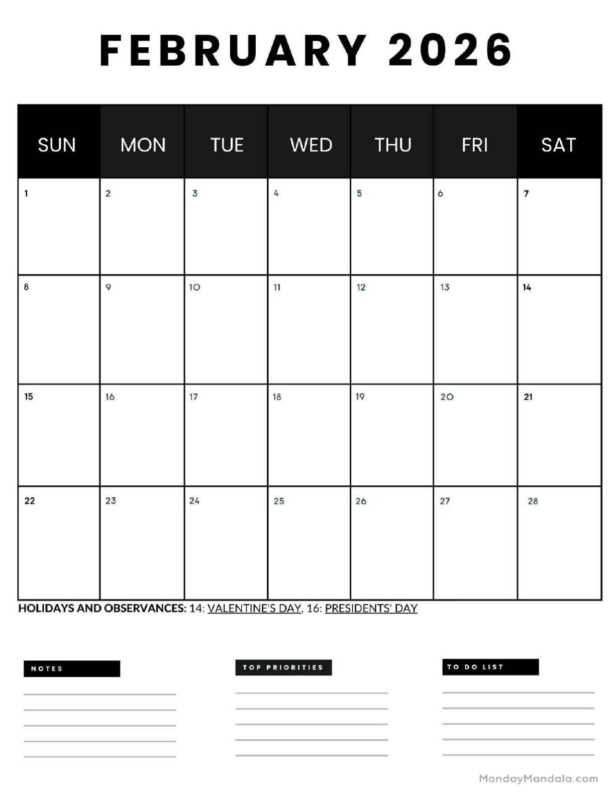 February 2026 Calendar Portrait