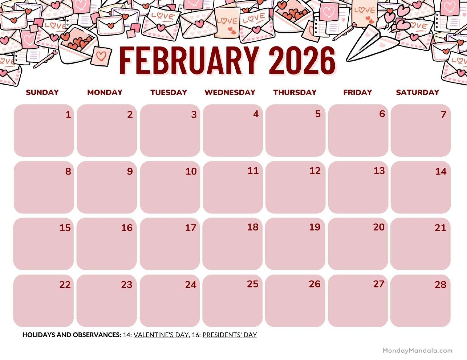 Days In February 2026 Calendar