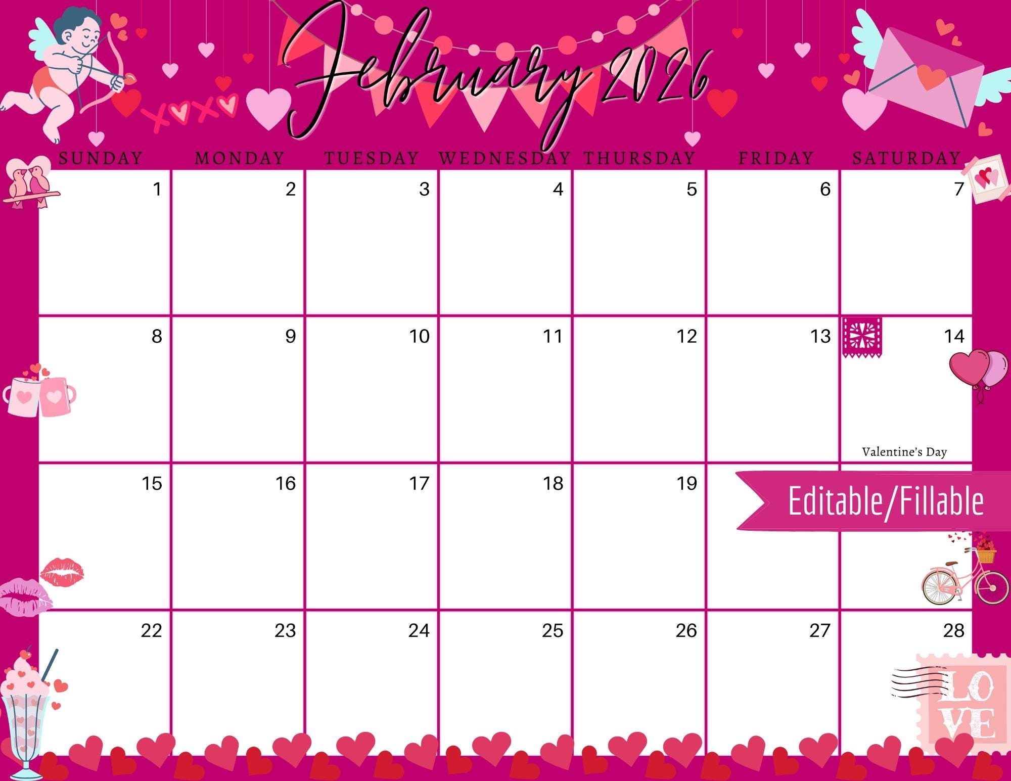 February 2026 Digital Calendar Fushia Valentine s Day Planner 