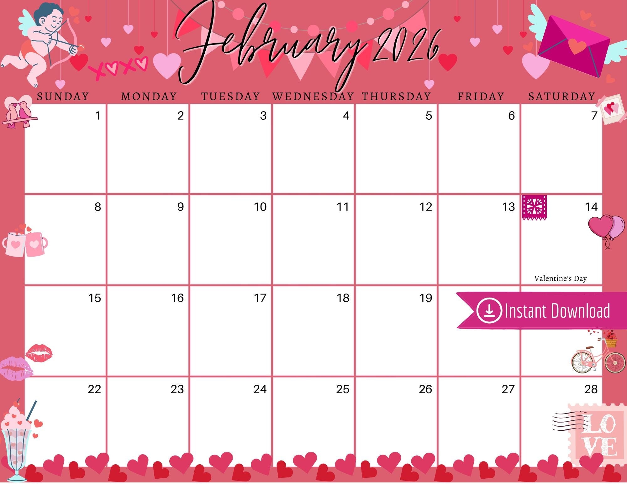 February 2026 Digital Calendar Red Valentine s Day Planner Editable Fillable Printable Calendar For Planning PDF PNG And JPG Download Etsy