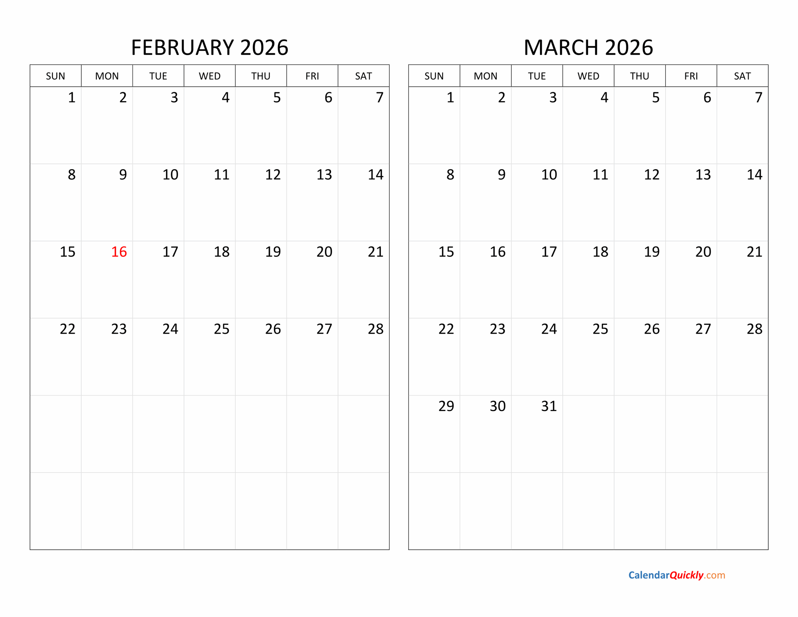 February And March 2026 Calendar Calendar Quickly