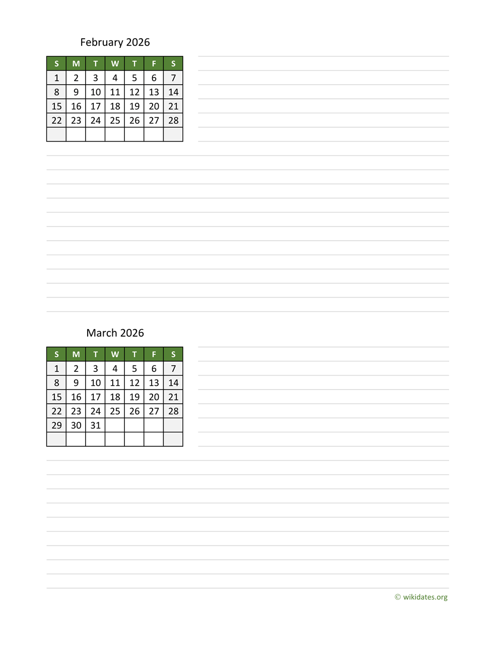 February 2026 Calendar March
