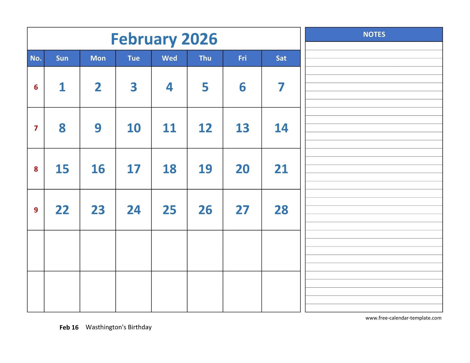 February Calendar 2026 Grid Lines For Holidays And Notes February Calendar 2026 Grid Lines For Holidays And Notes