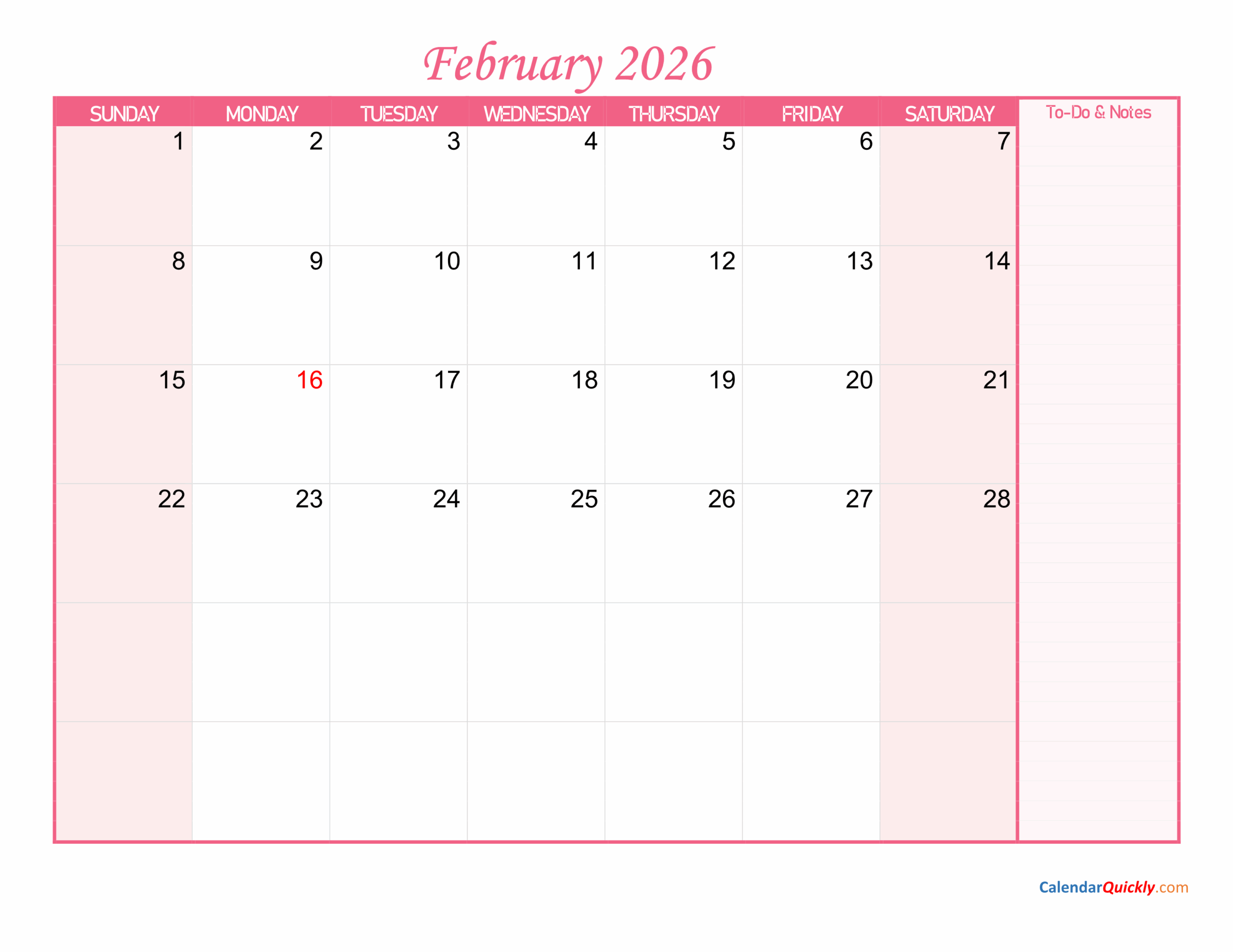 February Calendar 2026 With Notes Calendar Quickly February Calendar 2026 With Notes Calendar Quickly