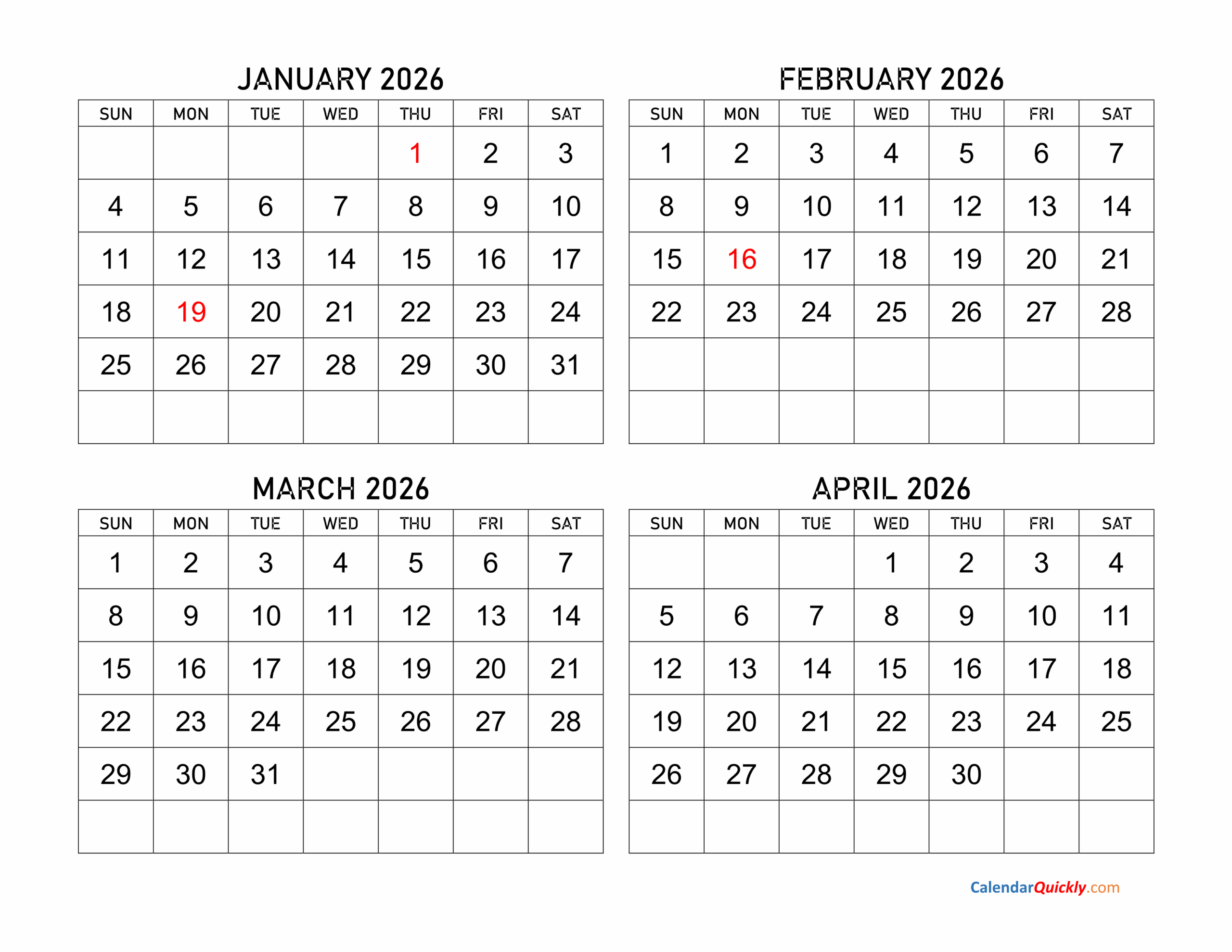 January February 2026 Calendar