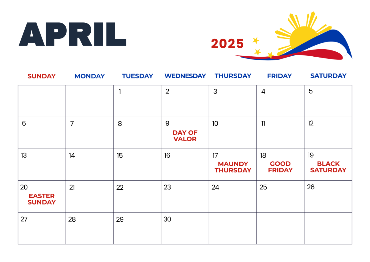 Free April 2025 Calendar With Philippine Holidays Template To Edit 