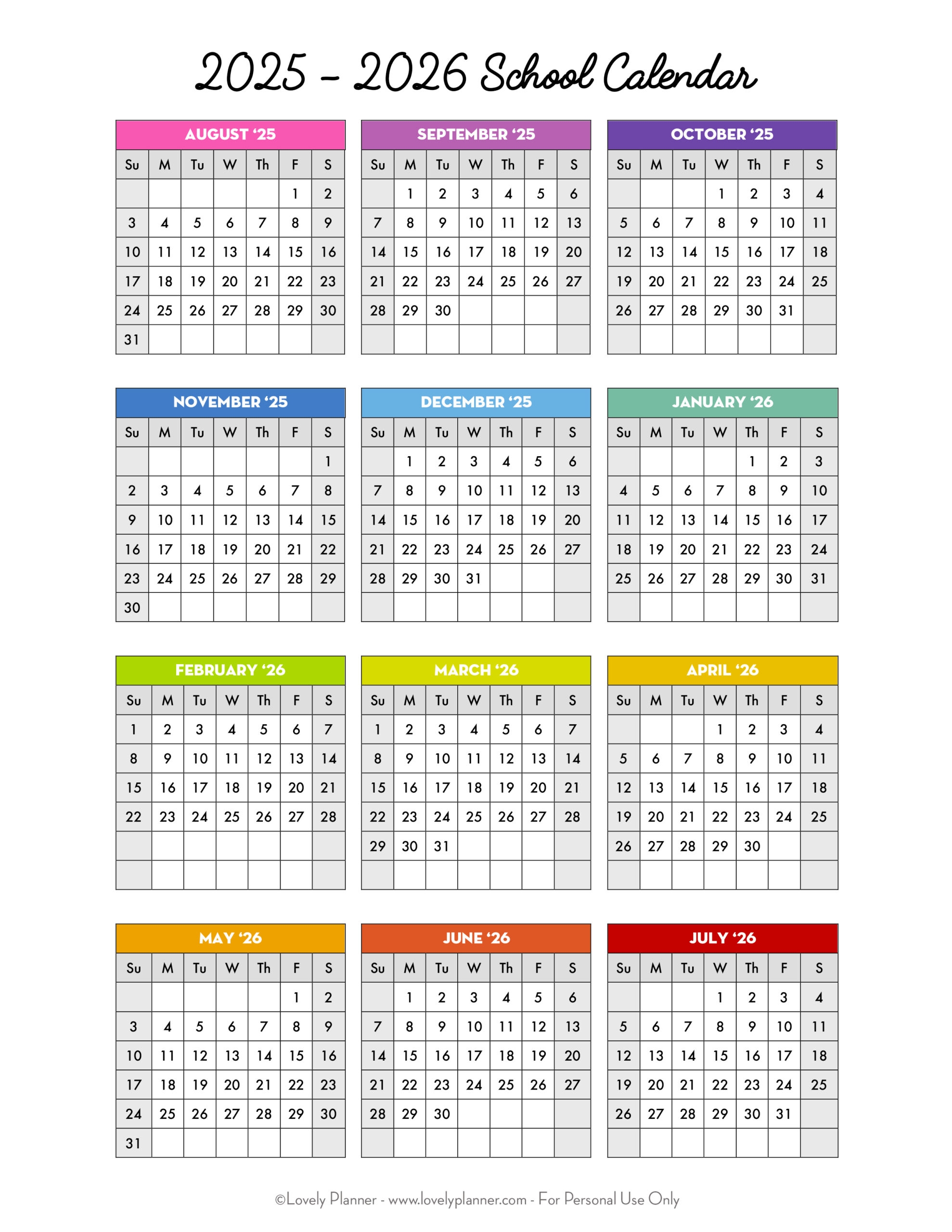Free Printable 2025 2026 School Calendar One Page Academic 