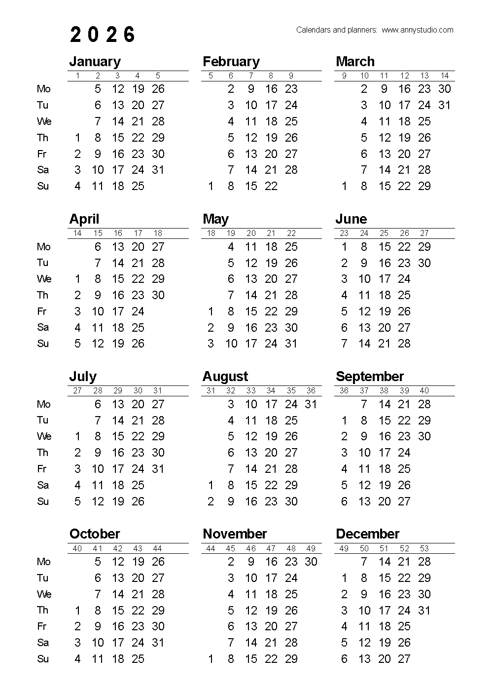 January 2026 Calendar Excel