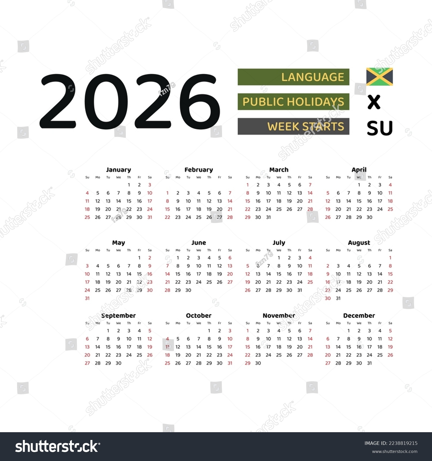 Jamaica Calendar 2026 Week Starts Sunday Stock Vector Royalty 