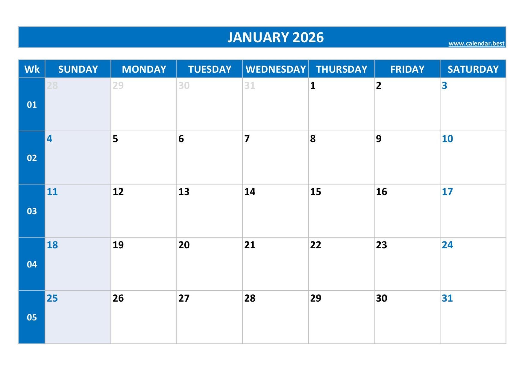 Pdf January 2026 Calendar Printable