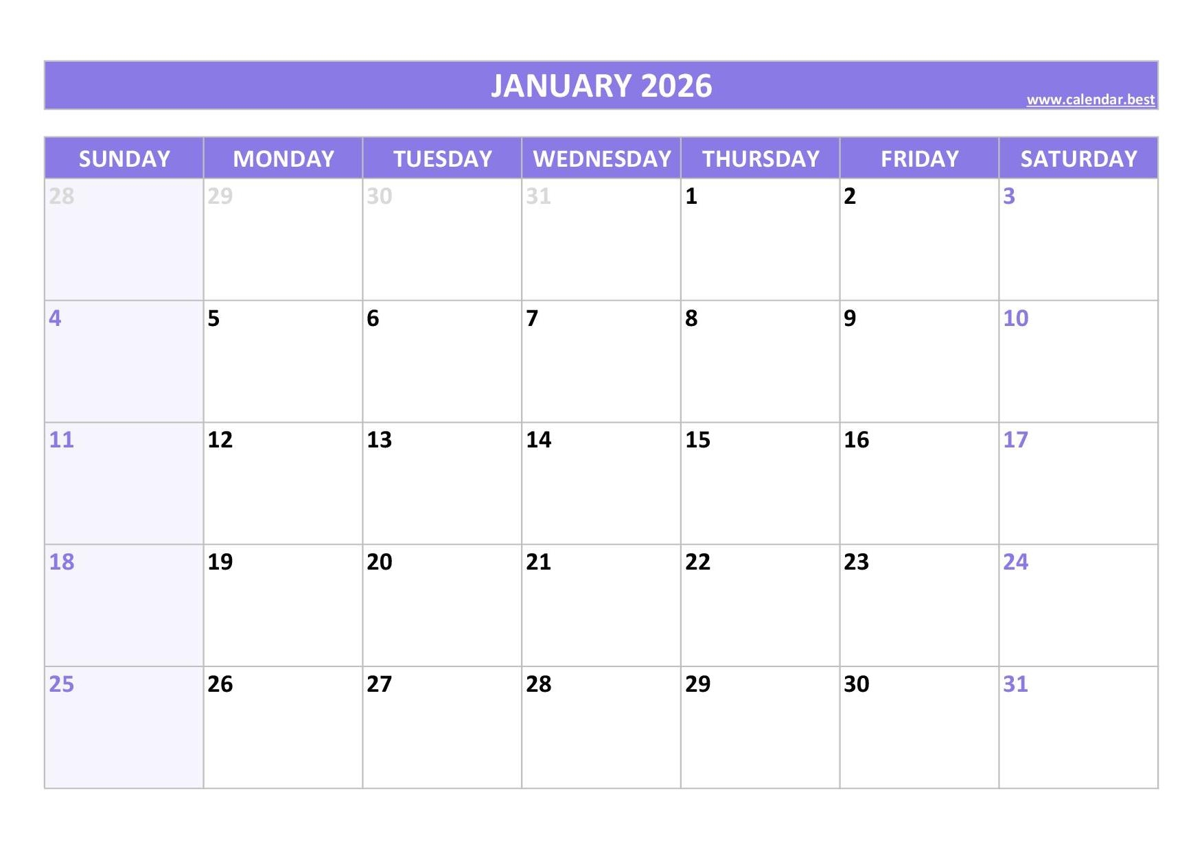 January 2026 Calendar Pdf Printable Free