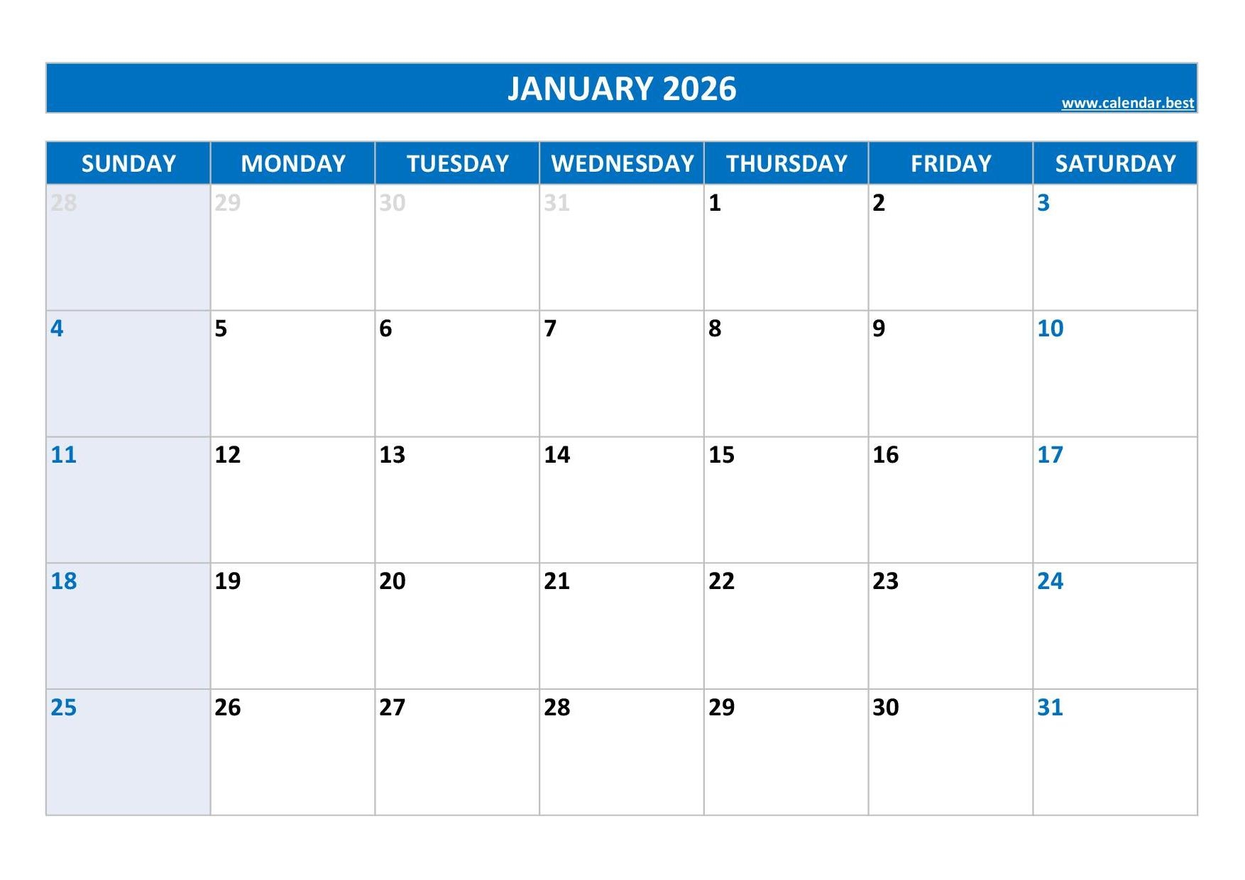 Calendar 2026 January