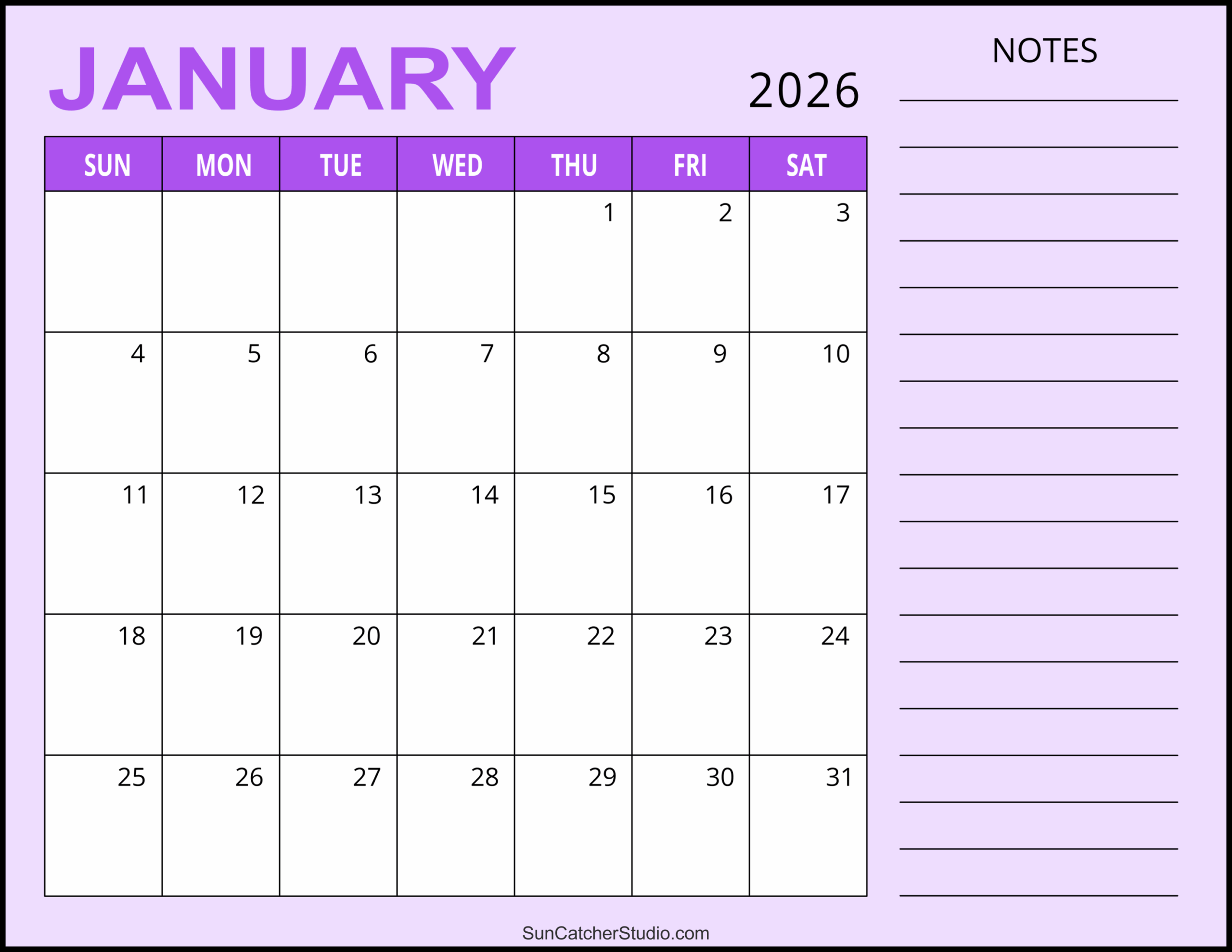 Free Printable January 2026 Calendar Word