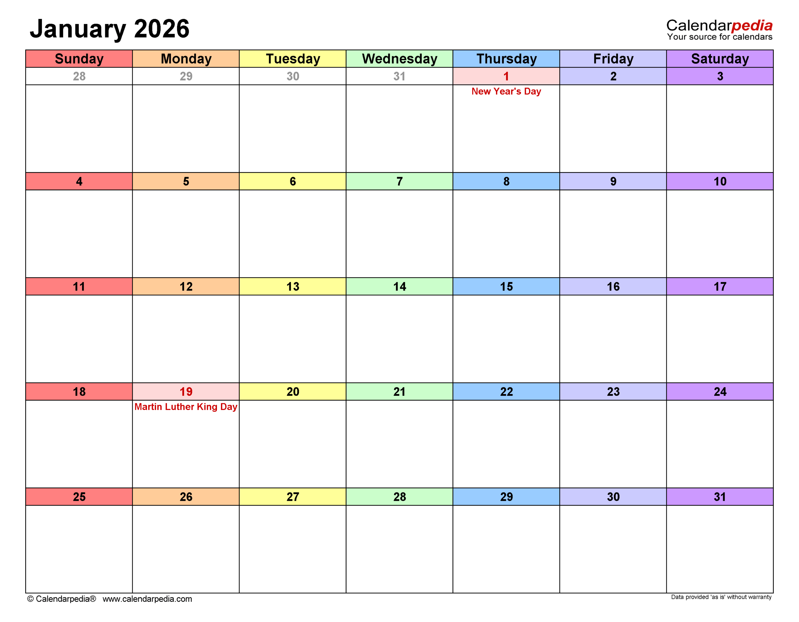 Free Editable January 2026 Calendar
