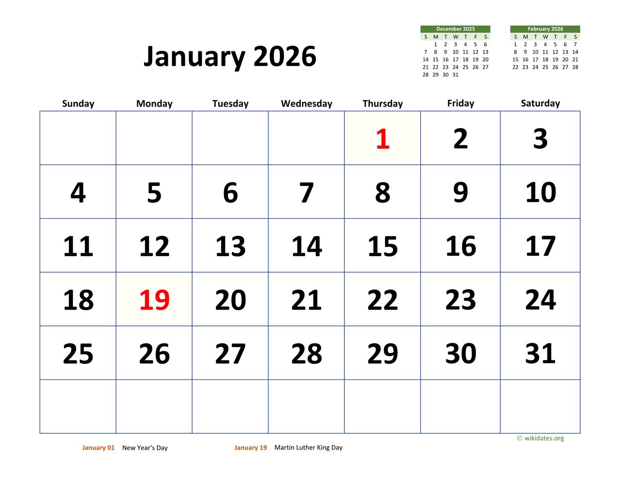 January 2026 Calendar Page