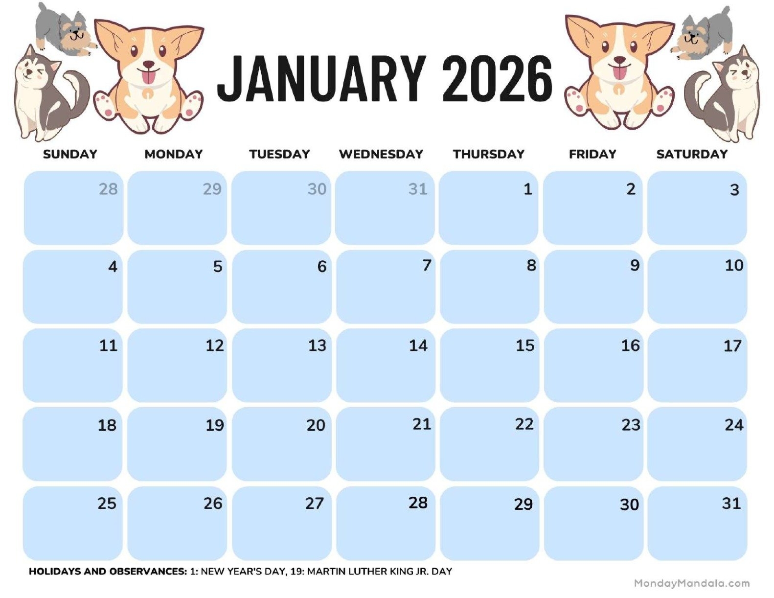 2026 Calendar For January