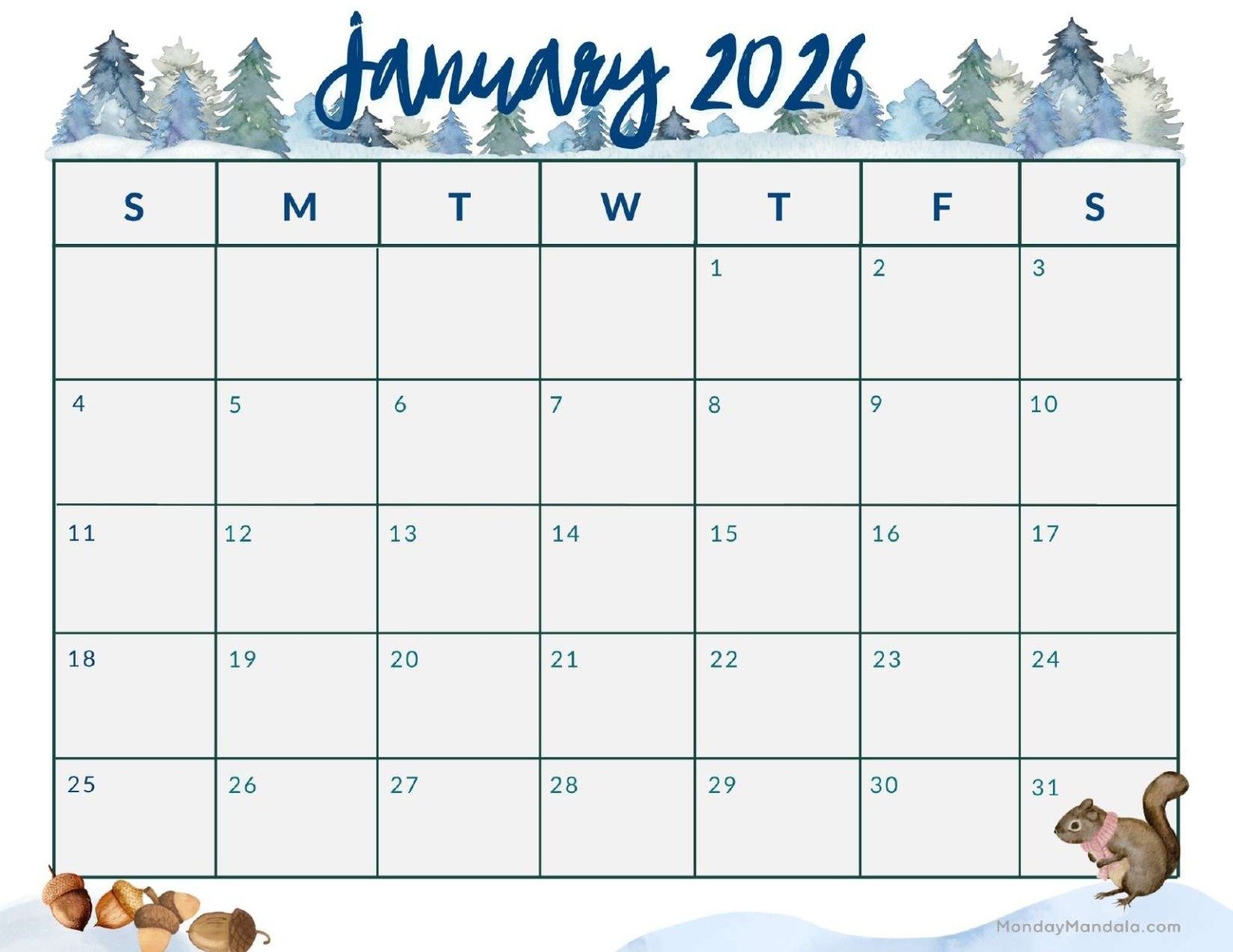 Blank Printable January 2026 Calendar