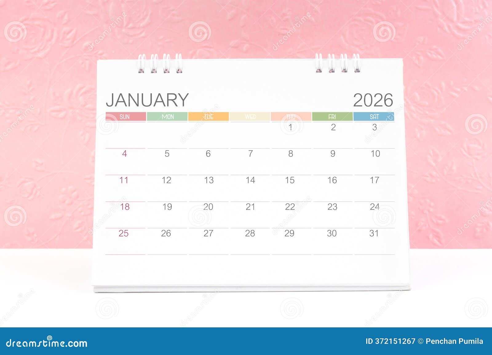 January 2026 Desk Calendar With Pink Color Flower Pattern Embossed Stock Image Image Of Office Week 372151267