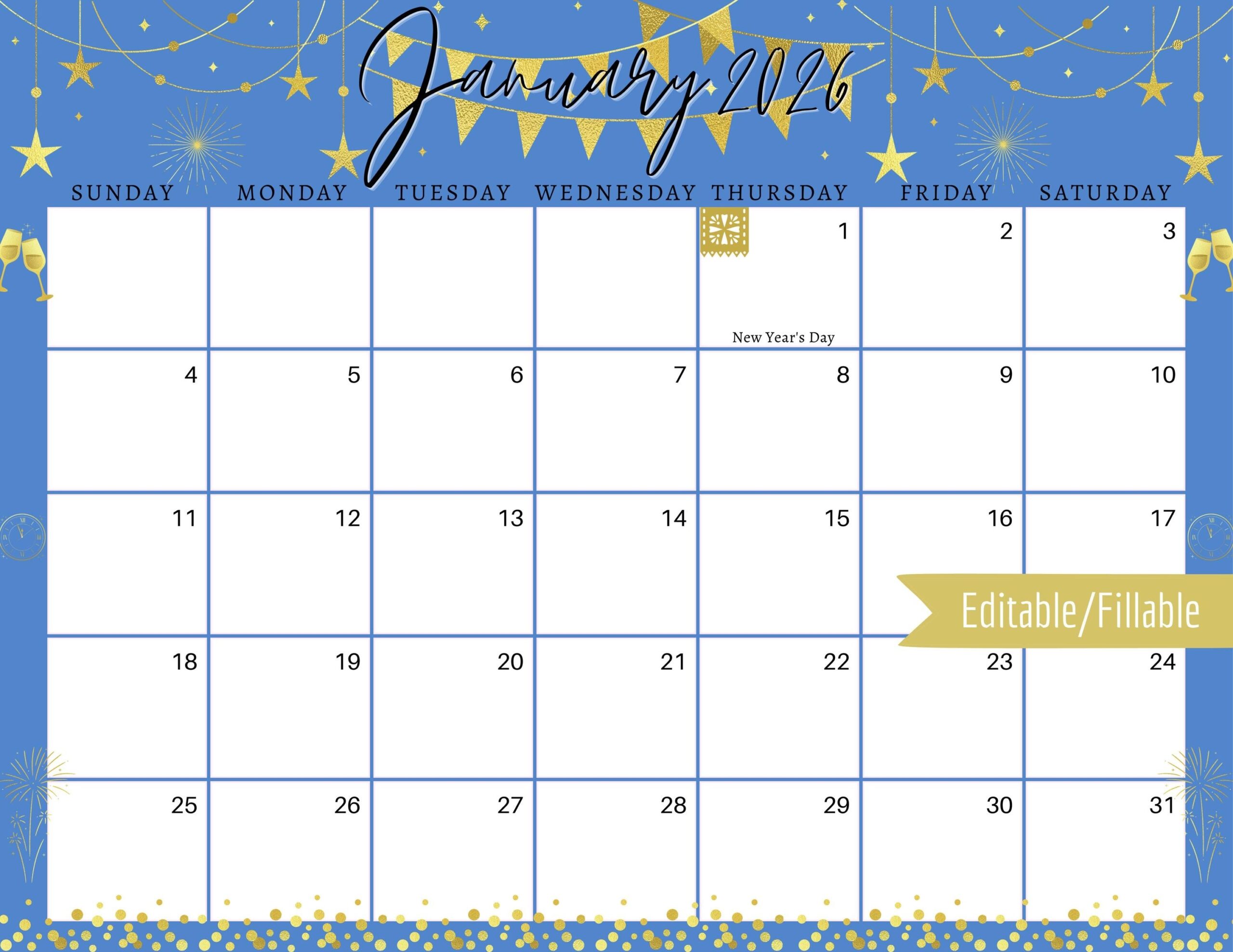 January 2026 Digital Calendar Blue New Year Planner Editable