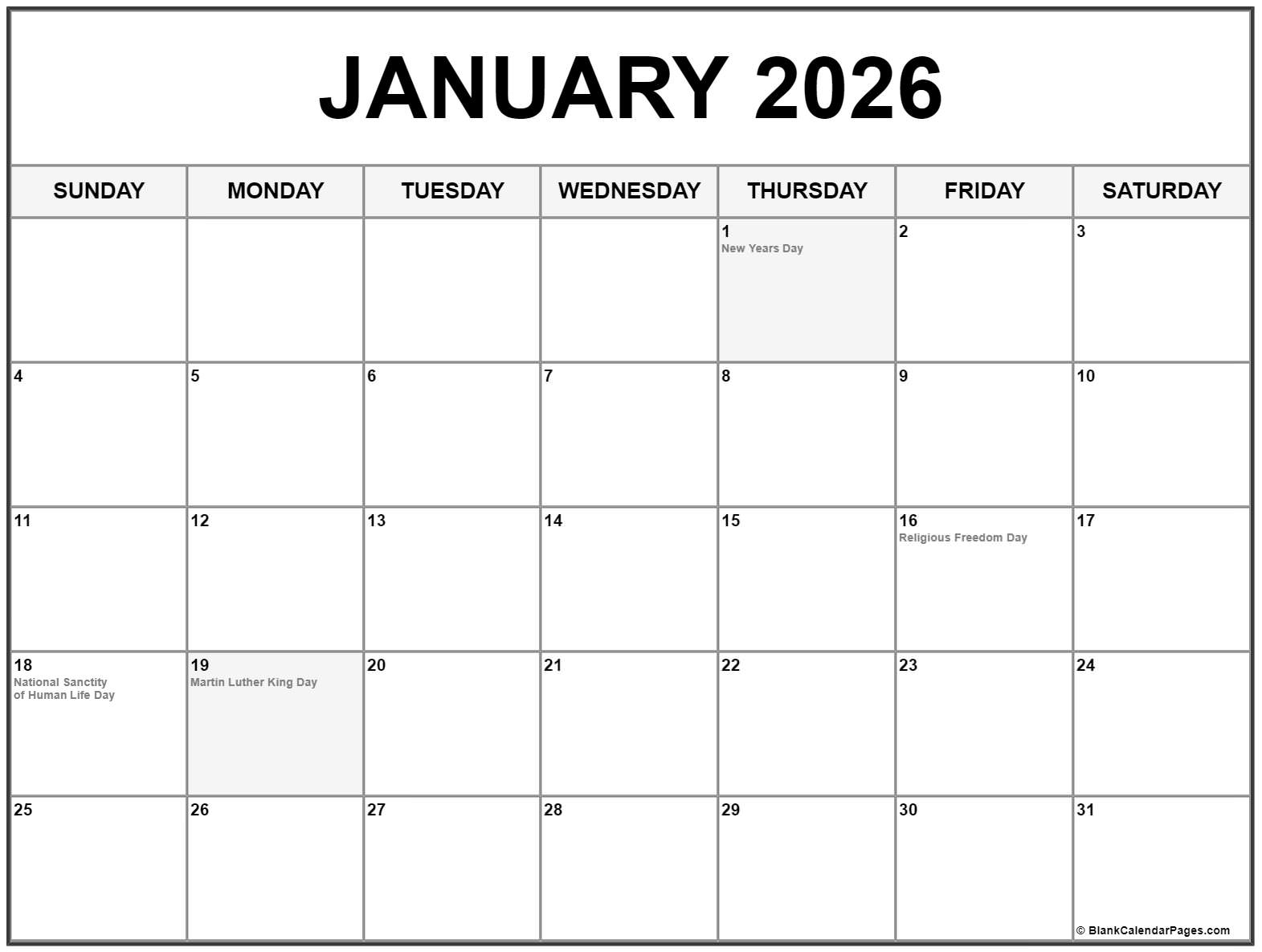 2026 Calendar January Holidays Free Printable Calendar