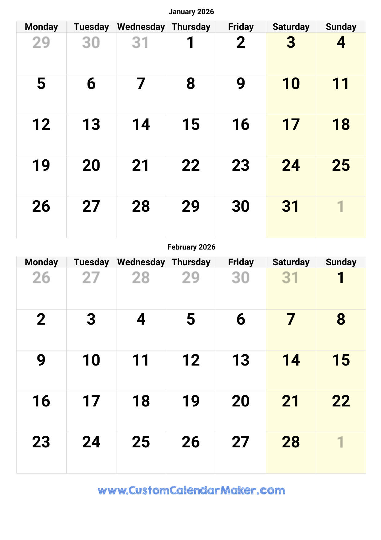January And February 2026 Calendar Custom Calendar Maker