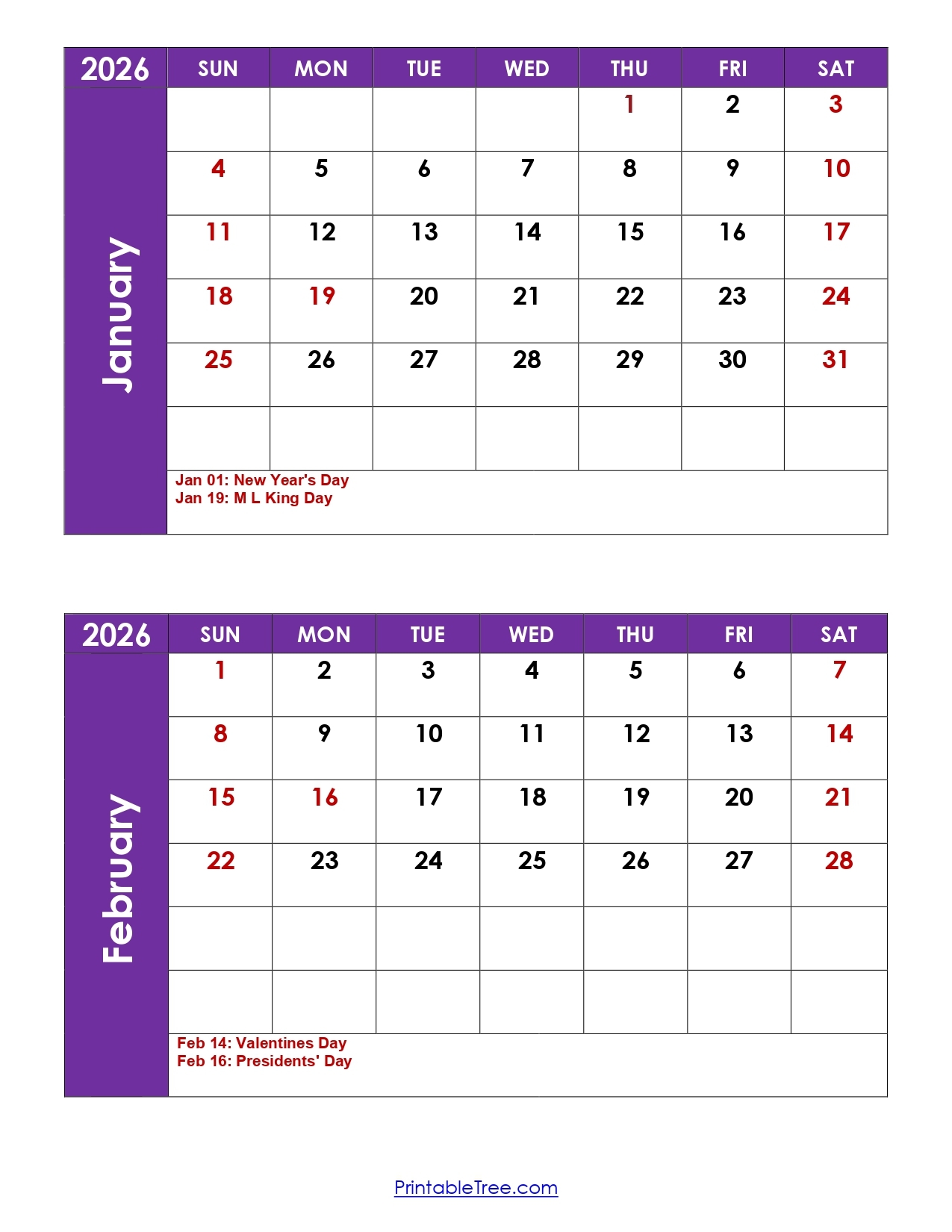 January And February 2026 Calendar Printable PDF 2 Month 