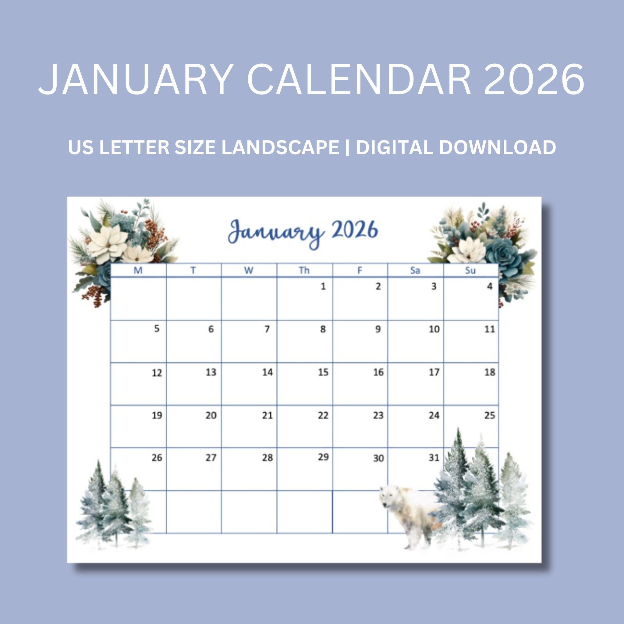 January Calendar Printable Calendar 2026 Calendar 2026 Monthly Calendar Monday Start Calendar New Year Calendar School Schedule Etsy
