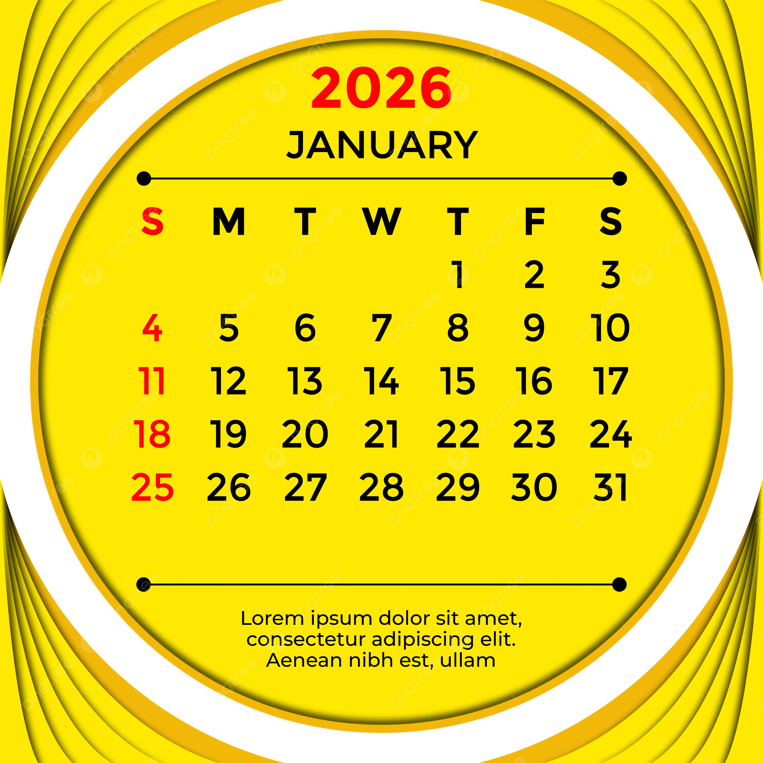 January Month 2026 Calendar Yellow Vector Template Download On Pngtree