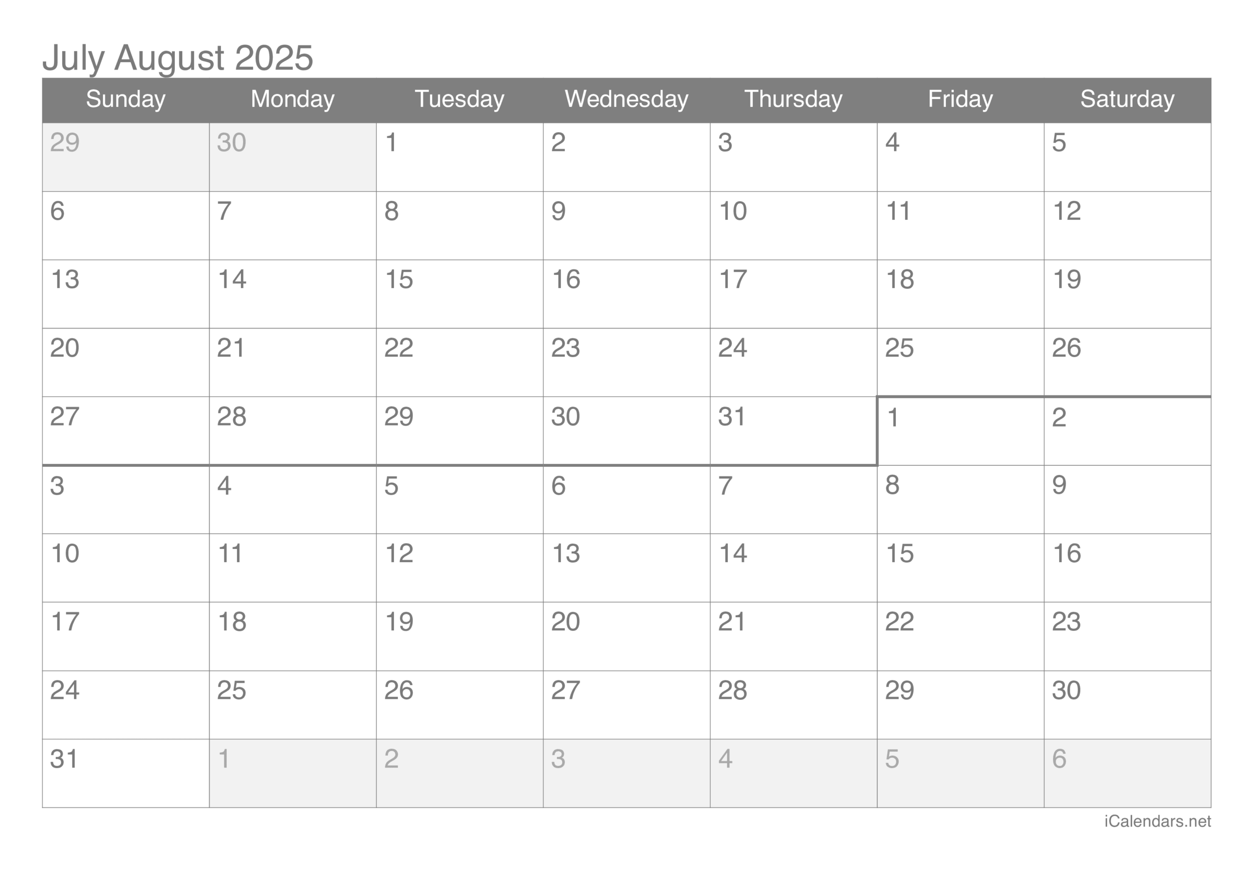 July And August 2025 Printable Calendar