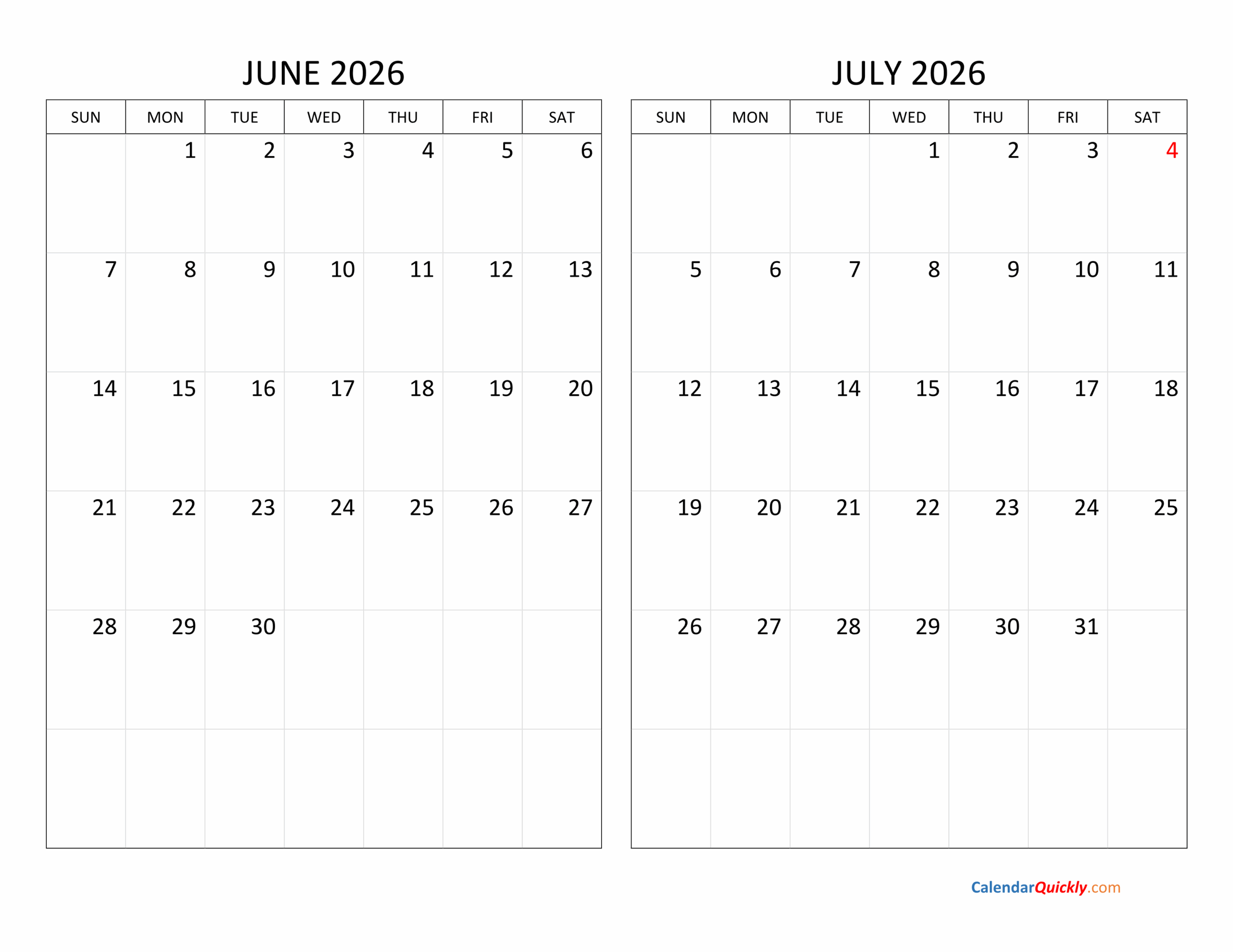 June And July 2026 Calendar Calendar Quickly