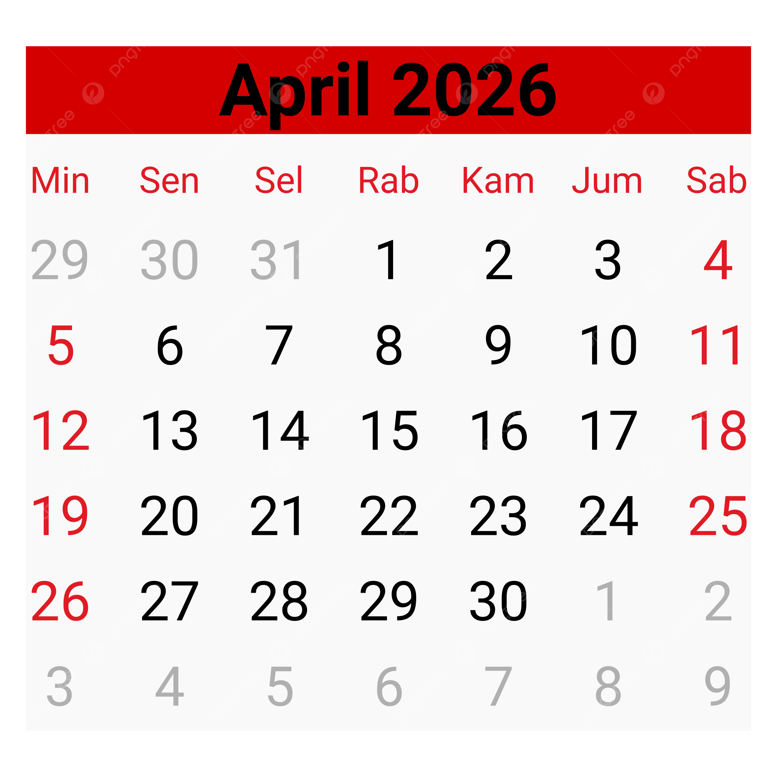Kalender April 2026 Vektor Kalender April 2026 April 2026 Kalender April 2026 Bulanan PNG Dan Vektor Dengan Background Transparan Untuk Unduh Gratis