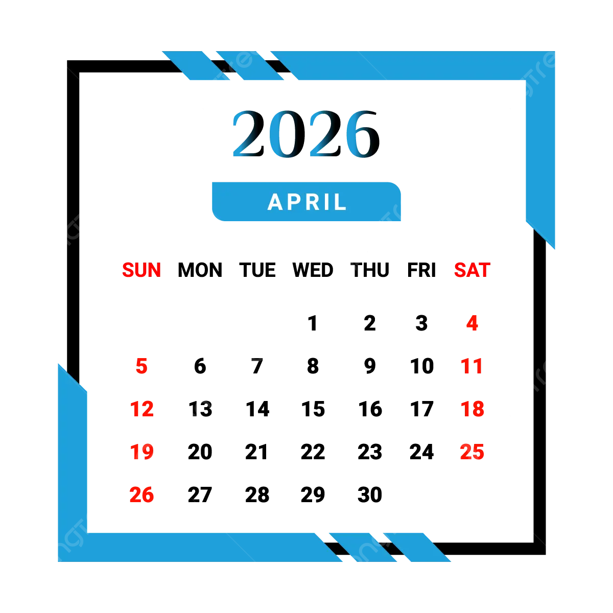 Kalender Bulan April 2026 Dengan Gaya Unik Biru Langit Dan Hitam Vektor Kalender Bulanan Kalender April 2026 PNG Dan Vektor Dengan Background Transparan Untuk Unduh Gratis