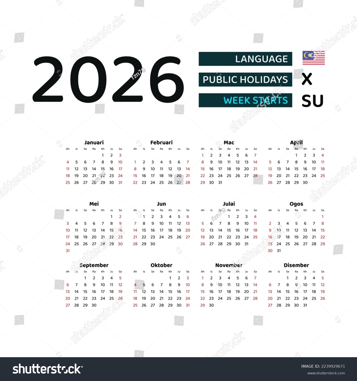 Malaysia Calendar 2026 Week Starts Sunday Stock Vector Royalty 