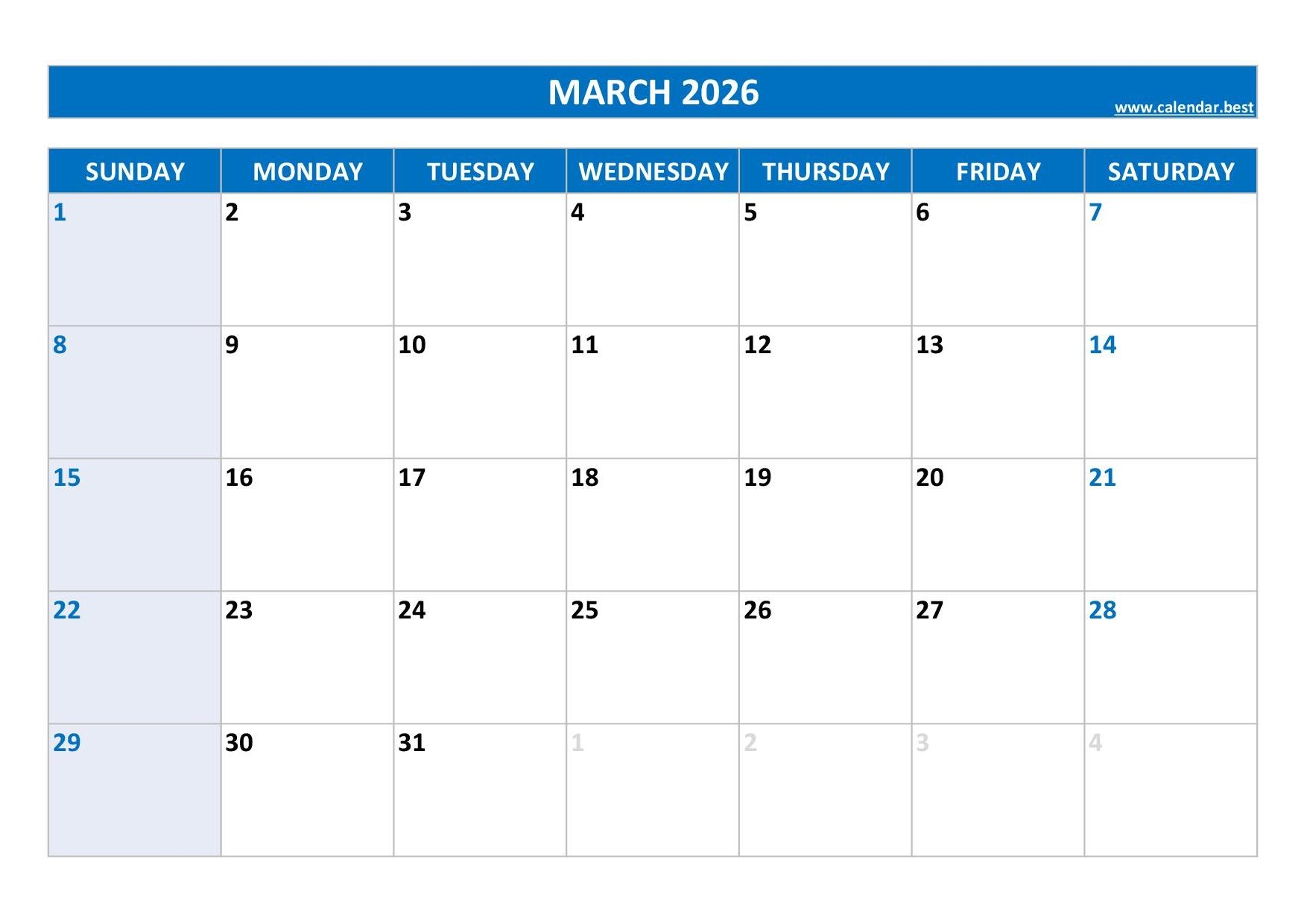 Calendar Of March 2026